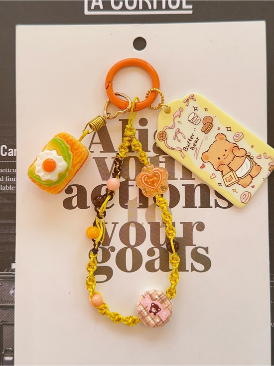 Handmade Accessories - Yellow Braided Cute Bag Phone Charm with Cute Bear & food inspired Charms